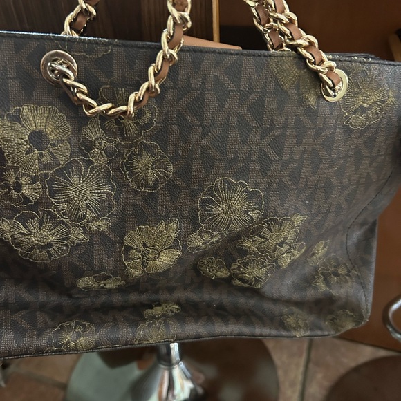 Michael Kors Brown and Gold Floral Shoulder Bag, Gold Chain Handles. - Picture 2 of 6